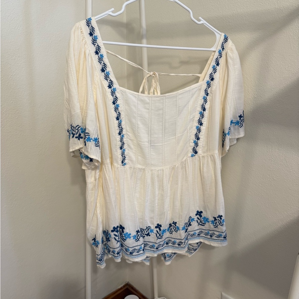 Old Navy Cream Blouse with Blue Embroidery